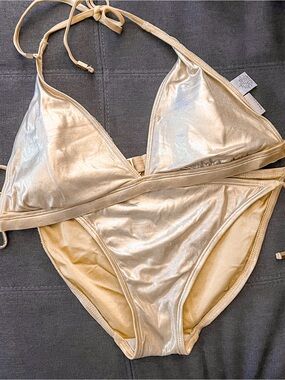 Y2K Merona Shimmer Gold Triangle Bikini Set Size Medium Bottom and Large Top